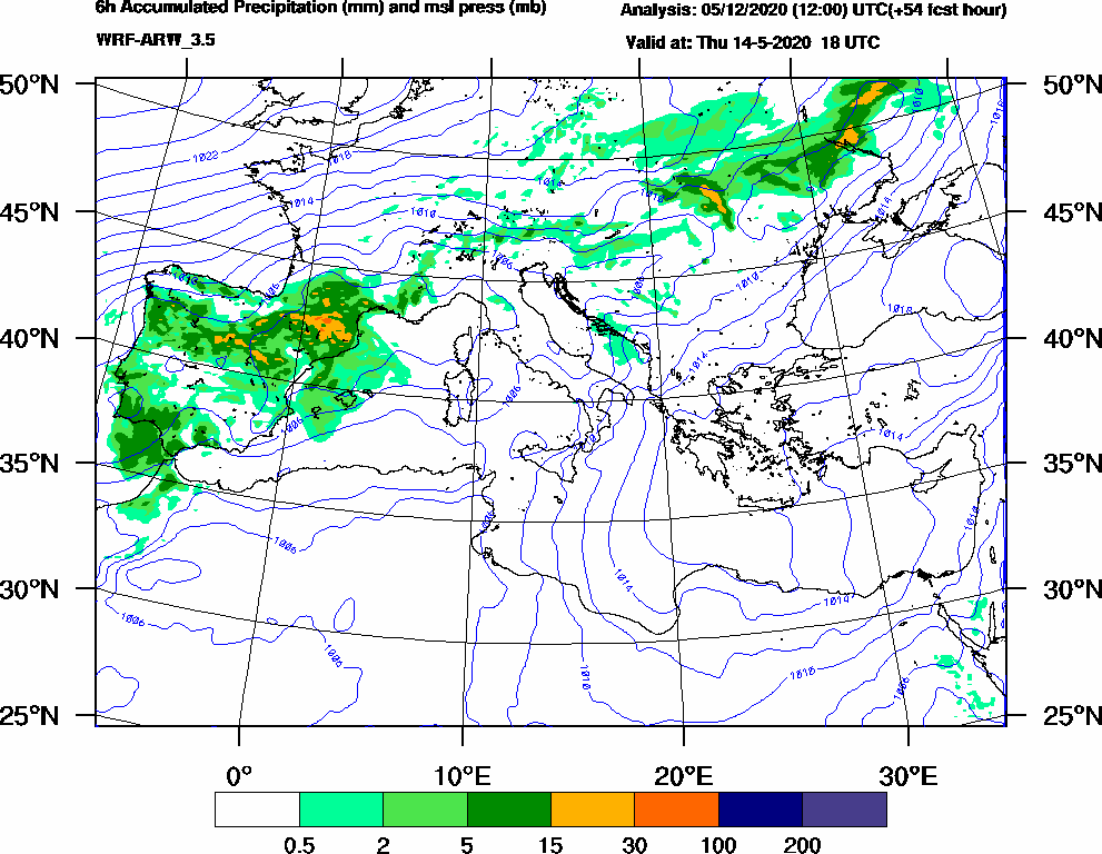 6h Accumulated Precipitation (mm) and msl press (mb) - 2020-05-14 12:00