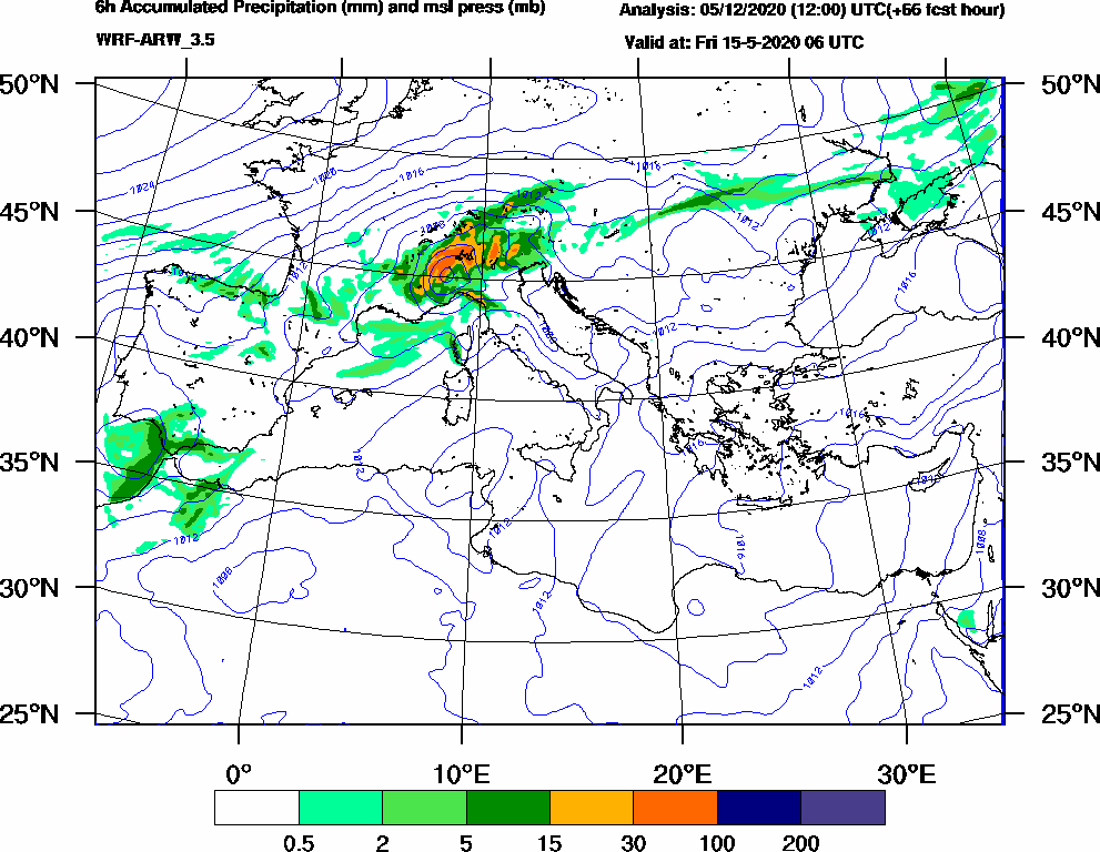 6h Accumulated Precipitation (mm) and msl press (mb) - 2020-05-15 00:00