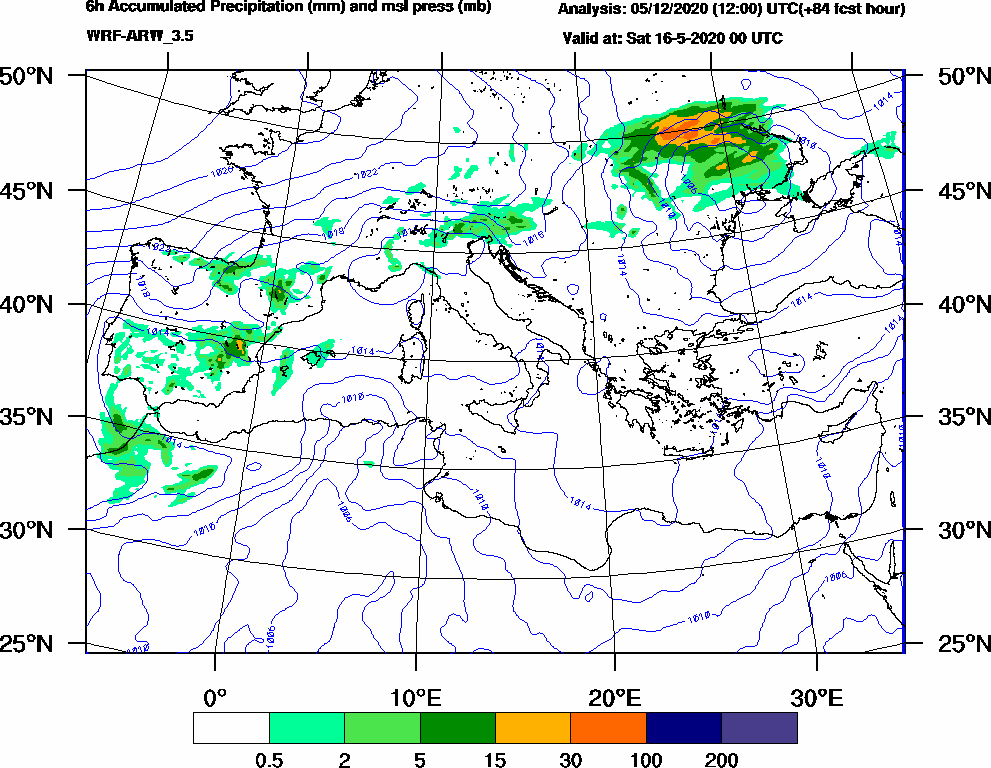 6h Accumulated Precipitation (mm) and msl press (mb) - 2020-05-15 18:00
