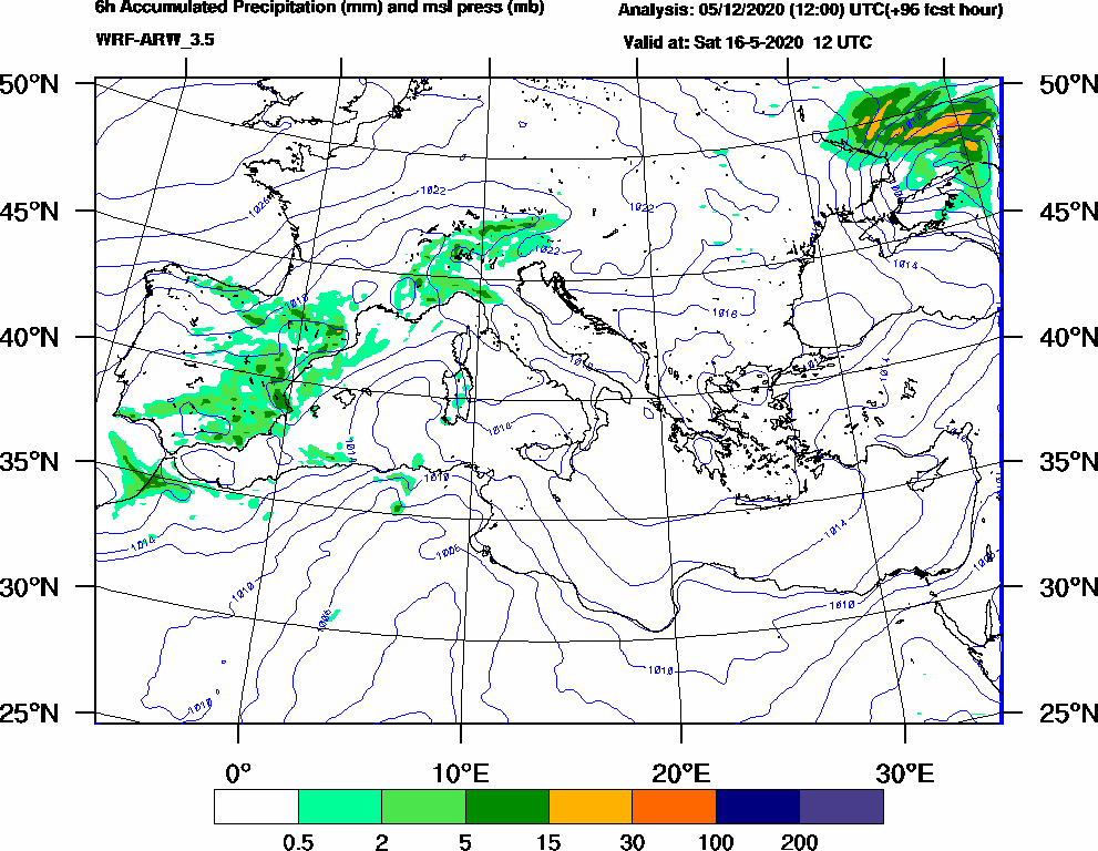 6h Accumulated Precipitation (mm) and msl press (mb) - 2020-05-16 06:00