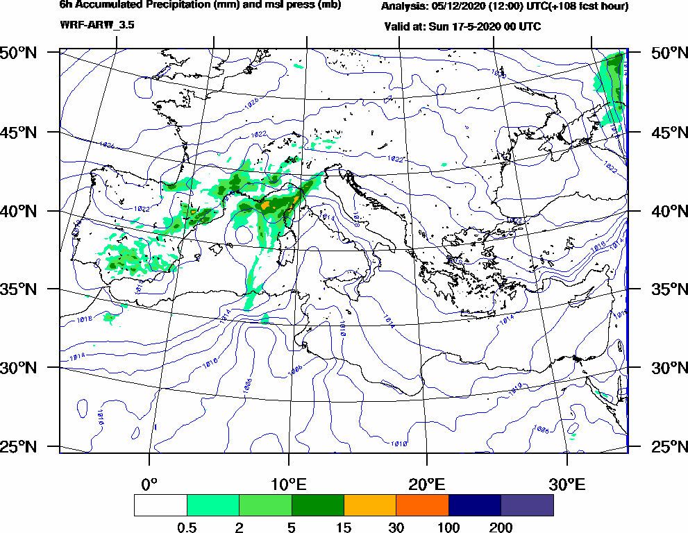 6h Accumulated Precipitation (mm) and msl press (mb) - 2020-05-16 18:00