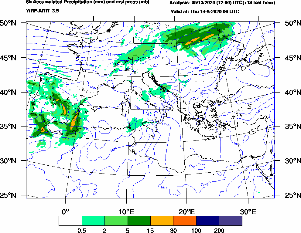 6h Accumulated Precipitation (mm) and msl press (mb) - 2020-05-14 00:00
