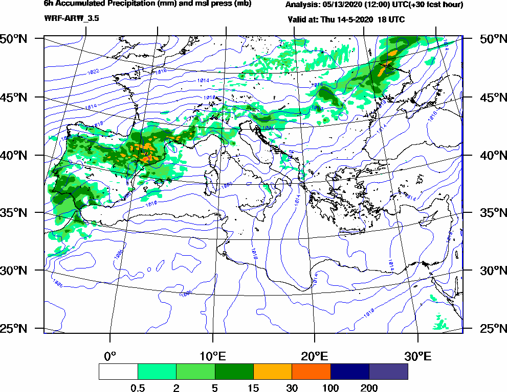 6h Accumulated Precipitation (mm) and msl press (mb) - 2020-05-14 12:00