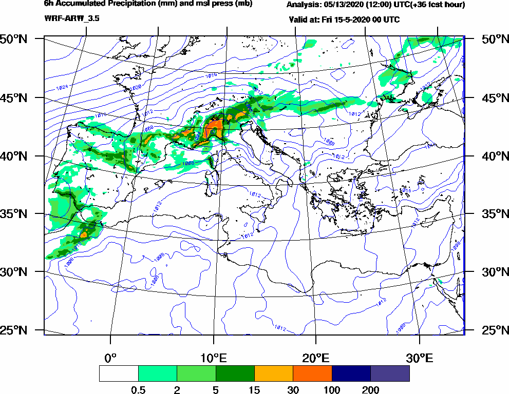 6h Accumulated Precipitation (mm) and msl press (mb) - 2020-05-14 18:00