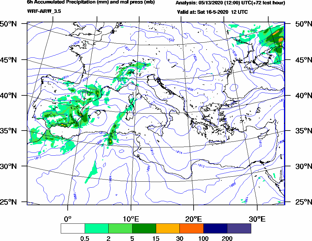 6h Accumulated Precipitation (mm) and msl press (mb) - 2020-05-16 06:00