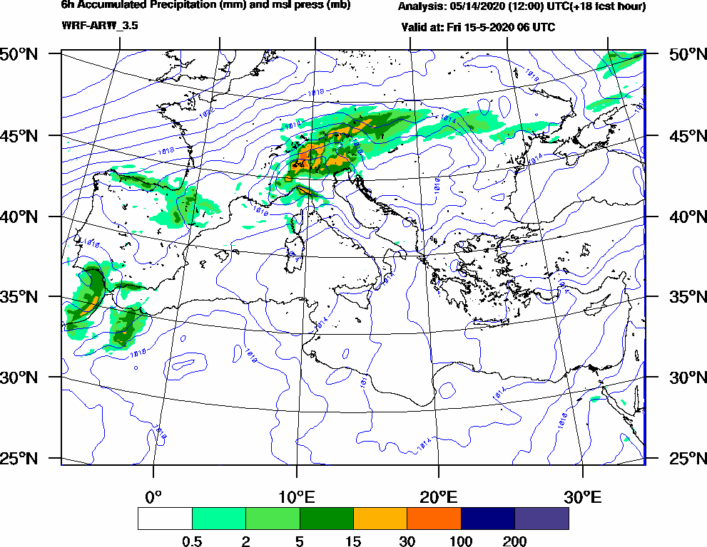 6h Accumulated Precipitation (mm) and msl press (mb) - 2020-05-15 00:00