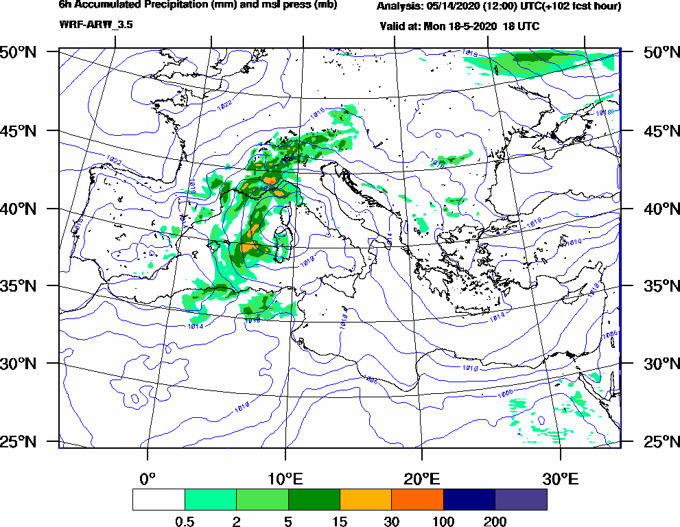 6h Accumulated Precipitation (mm) and msl press (mb) - 2020-05-18 12:00