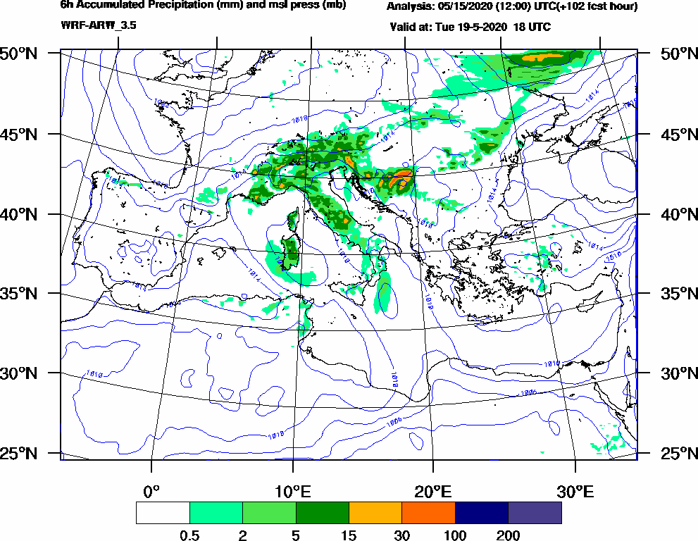 6h Accumulated Precipitation (mm) and msl press (mb) - 2020-05-19 12:00