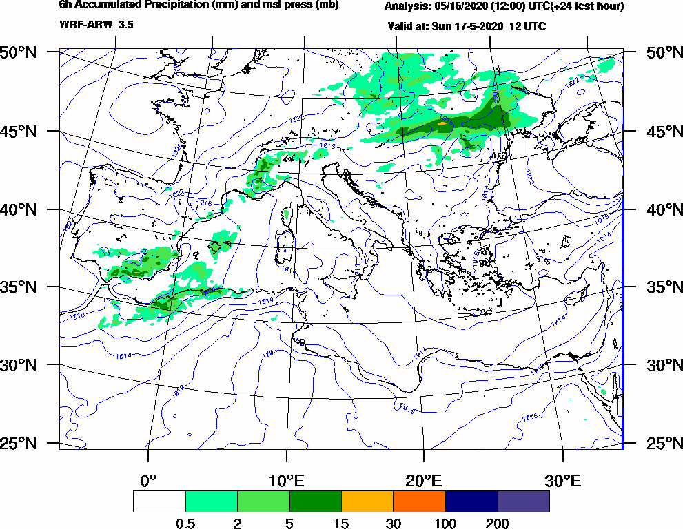 6h Accumulated Precipitation (mm) and msl press (mb) - 2020-05-17 06:00