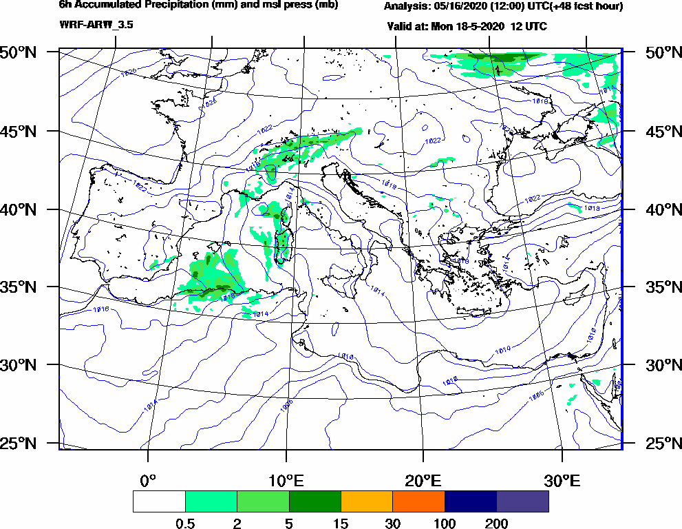 6h Accumulated Precipitation (mm) and msl press (mb) - 2020-05-18 06:00