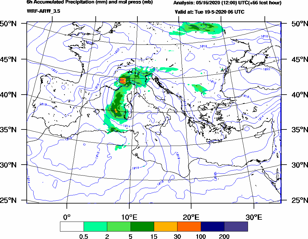 6h Accumulated Precipitation (mm) and msl press (mb) - 2020-05-19 00:00