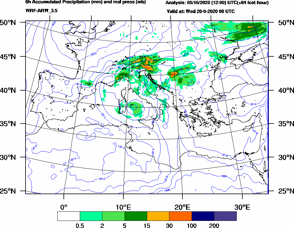 6h Accumulated Precipitation (mm) and msl press (mb) - 2020-05-19 18:00