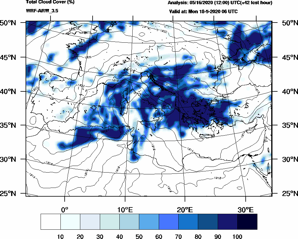 Total cloud cover (%) - 2020-05-18 00:00