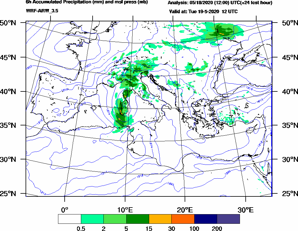 6h Accumulated Precipitation (mm) and msl press (mb) - 2020-05-19 06:00