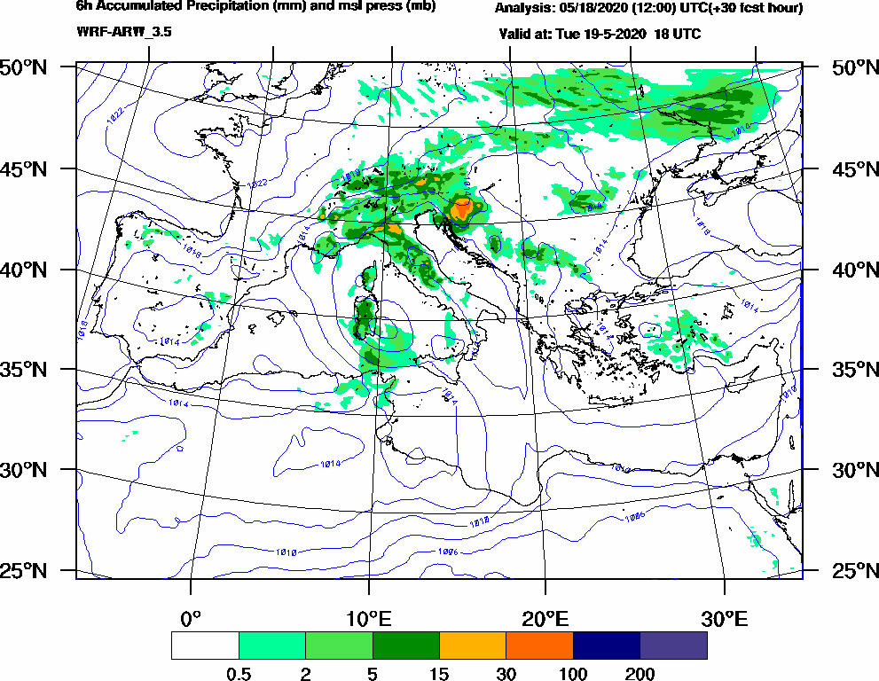 6h Accumulated Precipitation (mm) and msl press (mb) - 2020-05-19 12:00