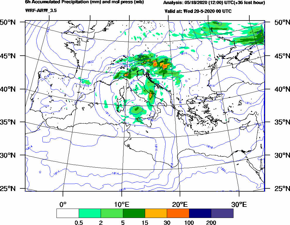 6h Accumulated Precipitation (mm) and msl press (mb) - 2020-05-19 18:00