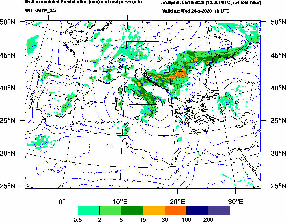 6h Accumulated Precipitation (mm) and msl press (mb) - 2020-05-20 12:00