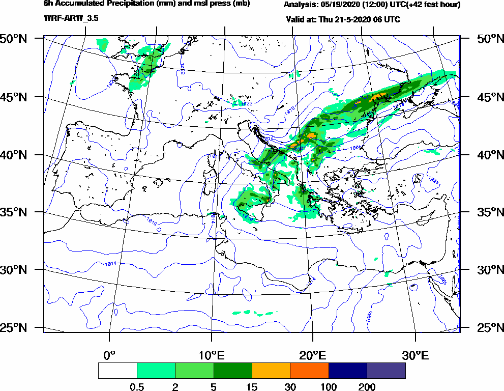 6h Accumulated Precipitation (mm) and msl press (mb) - 2020-05-21 00:00