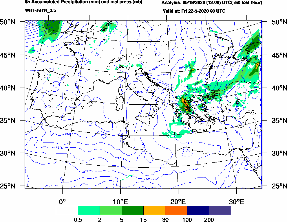 6h Accumulated Precipitation (mm) and msl press (mb) - 2020-05-21 18:00
