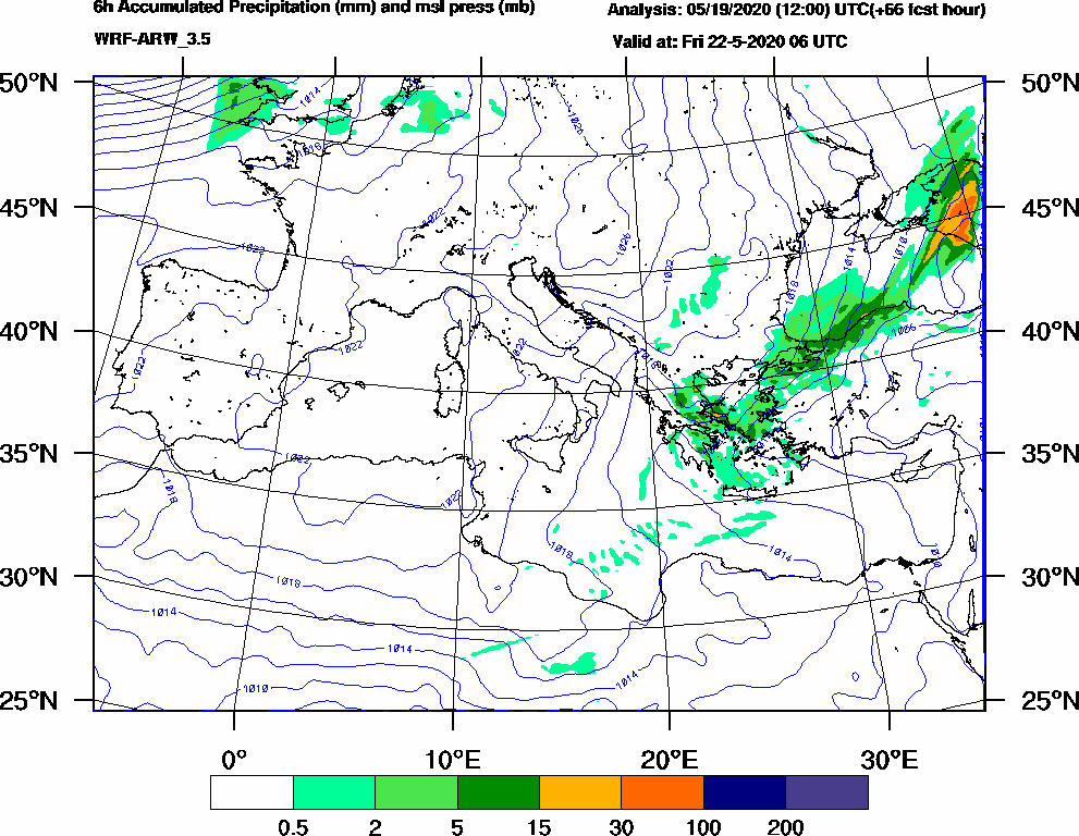 6h Accumulated Precipitation (mm) and msl press (mb) - 2020-05-22 00:00