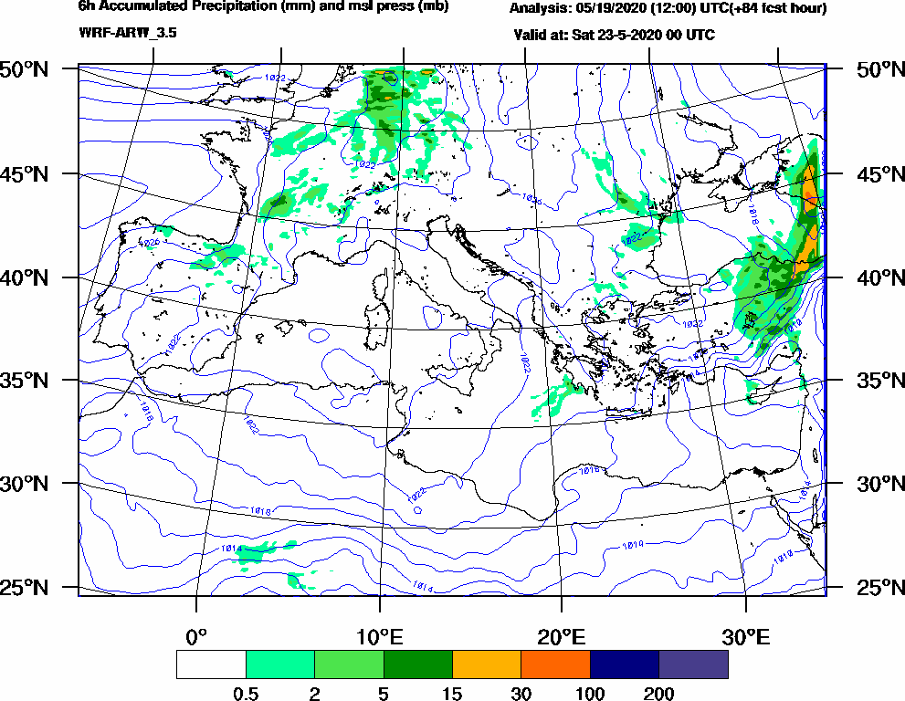 6h Accumulated Precipitation (mm) and msl press (mb) - 2020-05-22 18:00
