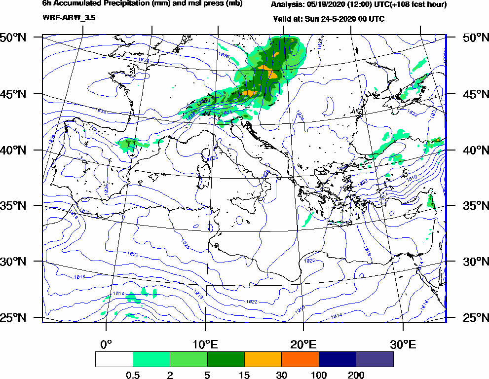 6h Accumulated Precipitation (mm) and msl press (mb) - 2020-05-23 18:00