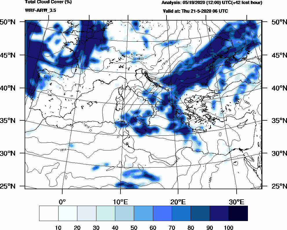 Total cloud cover (%) - 2020-05-21 00:00