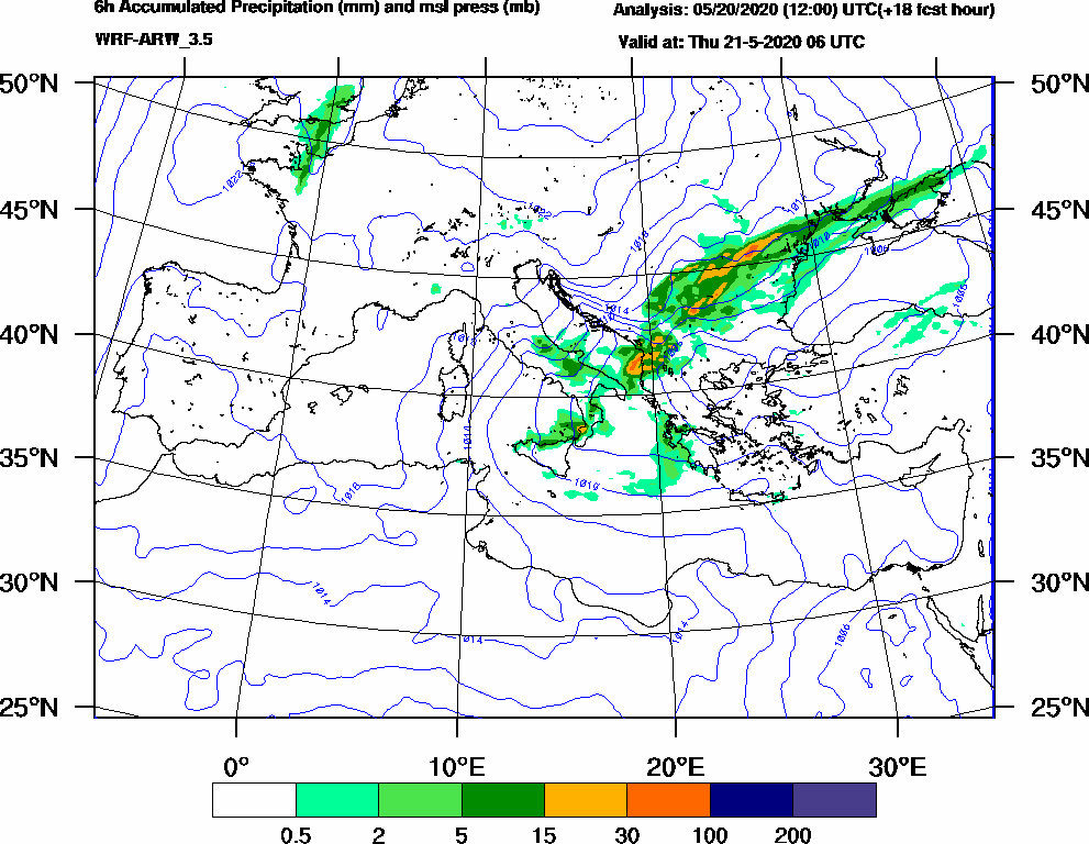 6h Accumulated Precipitation (mm) and msl press (mb) - 2020-05-21 00:00