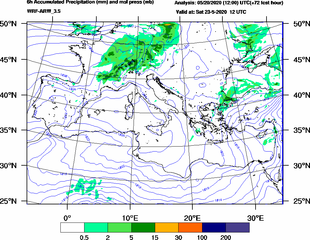 6h Accumulated Precipitation (mm) and msl press (mb) - 2020-05-23 06:00