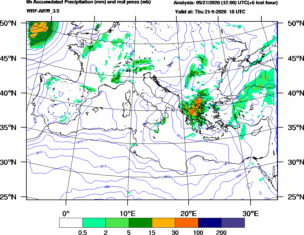 6h Accumulated Precipitation (mm) and msl press (mb) - 2020-05-21 12:00