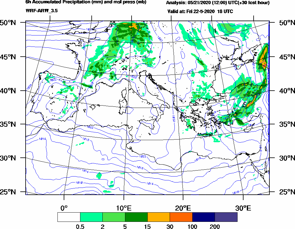 6h Accumulated Precipitation (mm) and msl press (mb) - 2020-05-22 12:00