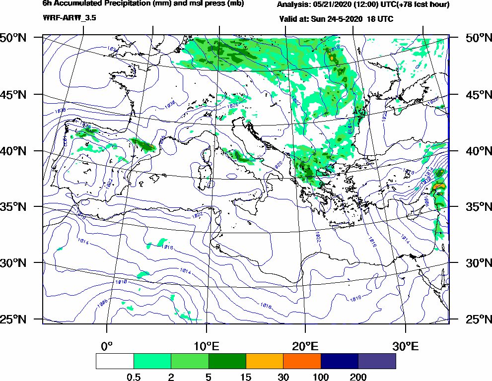 6h Accumulated Precipitation (mm) and msl press (mb) - 2020-05-24 12:00