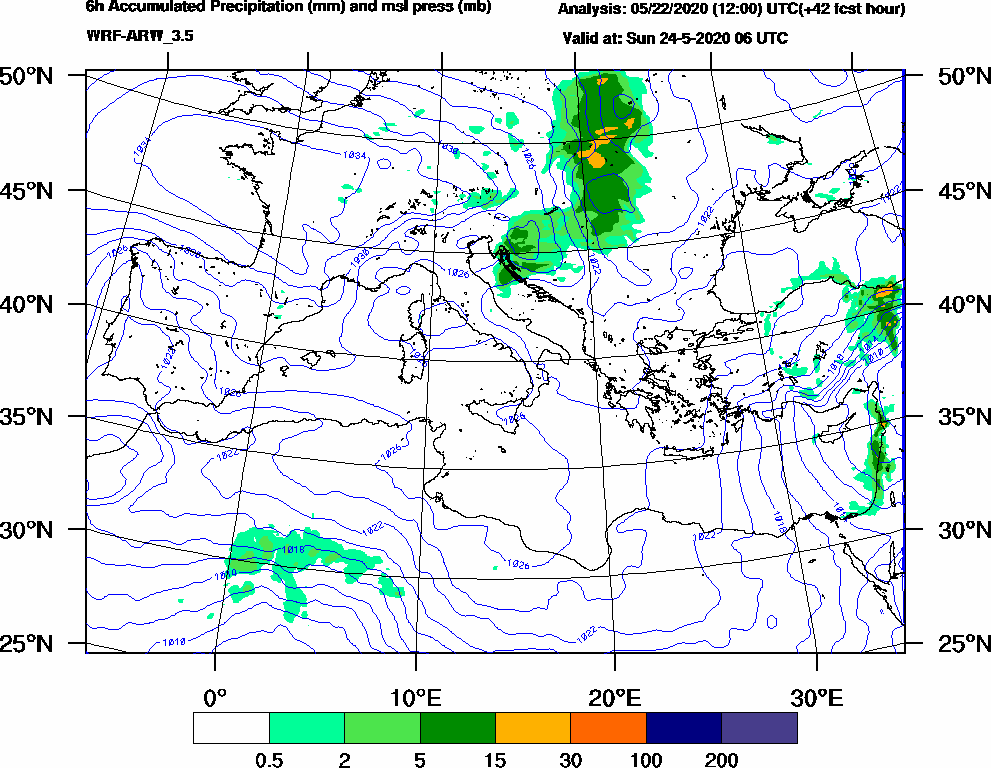 6h Accumulated Precipitation (mm) and msl press (mb) - 2020-05-24 00:00