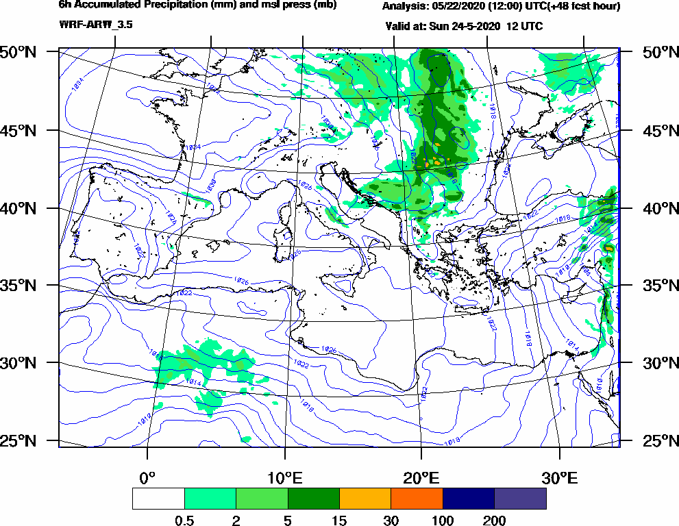 6h Accumulated Precipitation (mm) and msl press (mb) - 2020-05-24 06:00