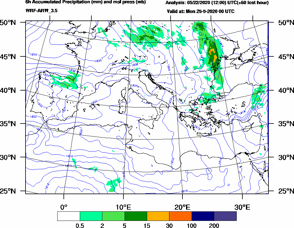 6h Accumulated Precipitation (mm) and msl press (mb) - 2020-05-24 18:00