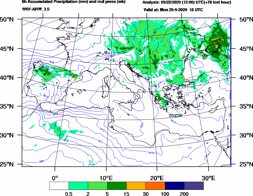 6h Accumulated Precipitation (mm) and msl press (mb) - 2020-05-25 12:00