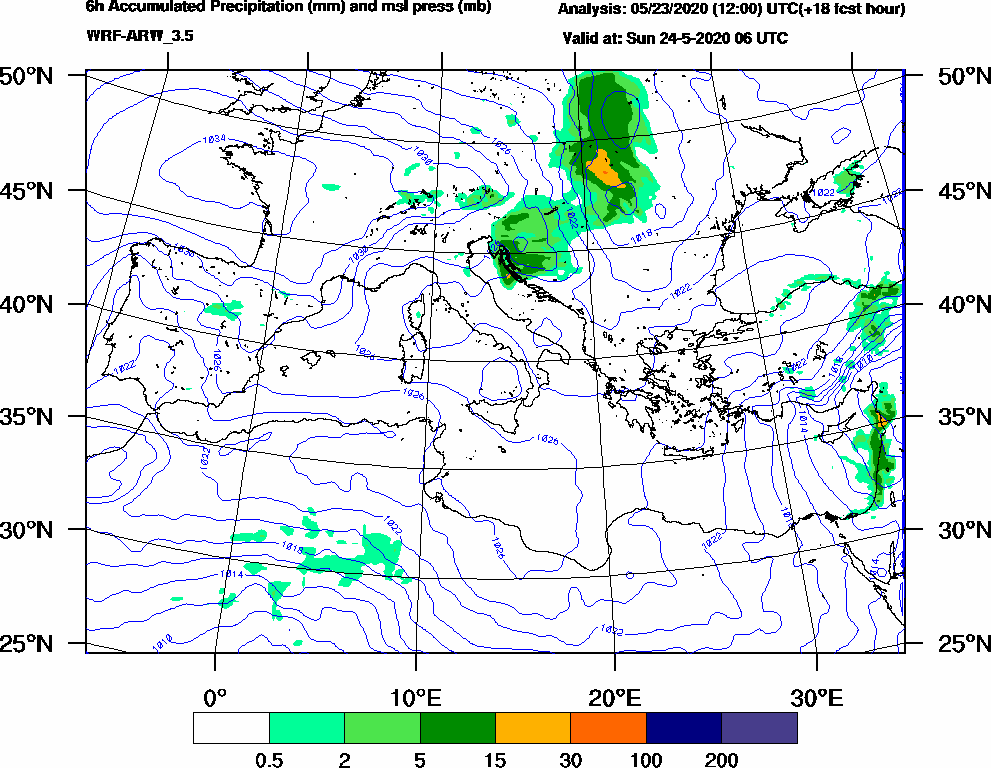 6h Accumulated Precipitation (mm) and msl press (mb) - 2020-05-24 00:00