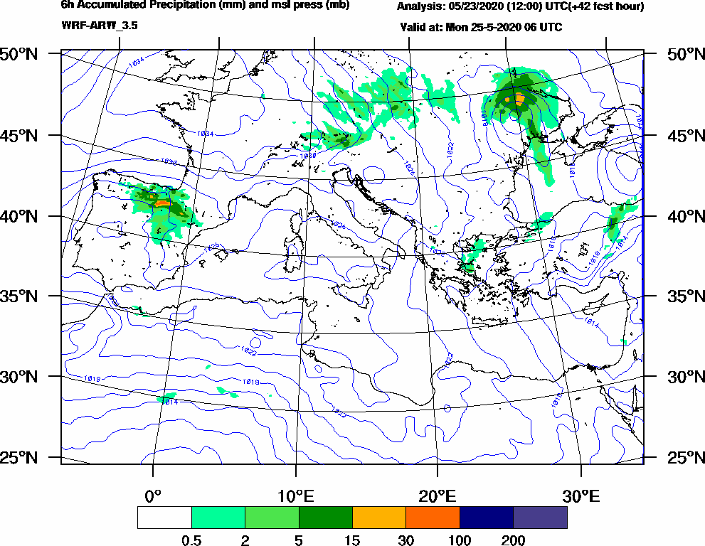 6h Accumulated Precipitation (mm) and msl press (mb) - 2020-05-25 00:00
