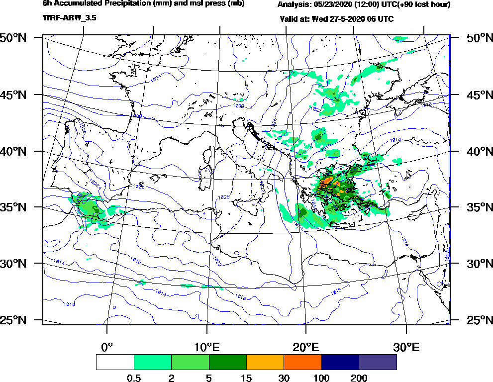 6h Accumulated Precipitation (mm) and msl press (mb) - 2020-05-27 00:00