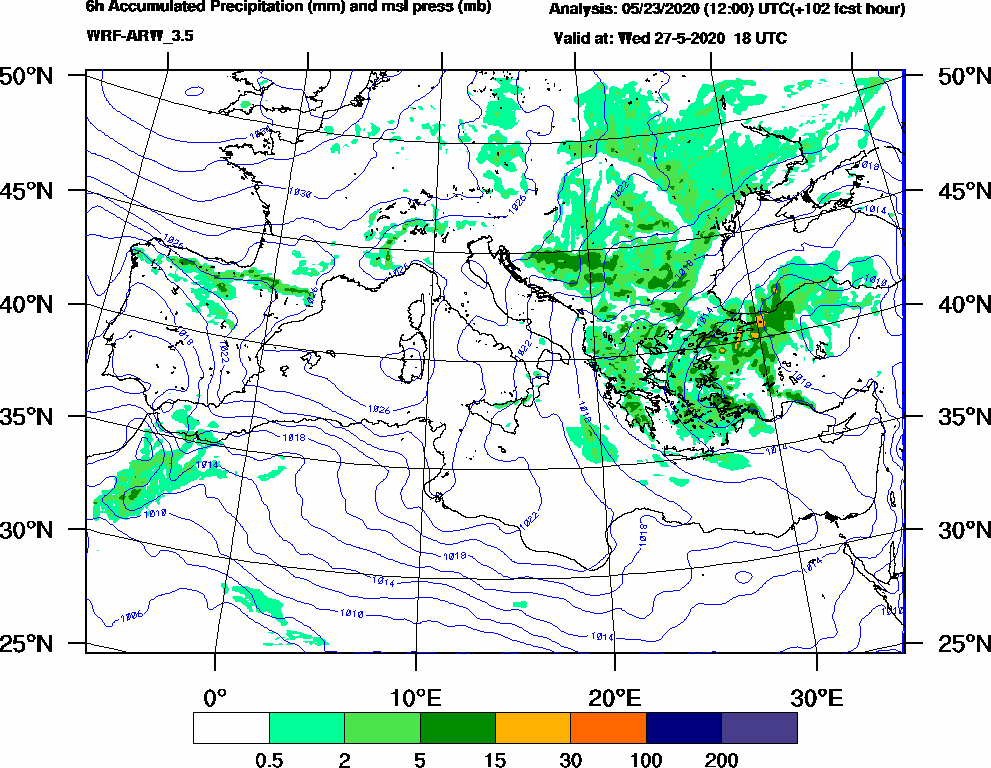 6h Accumulated Precipitation (mm) and msl press (mb) - 2020-05-27 12:00