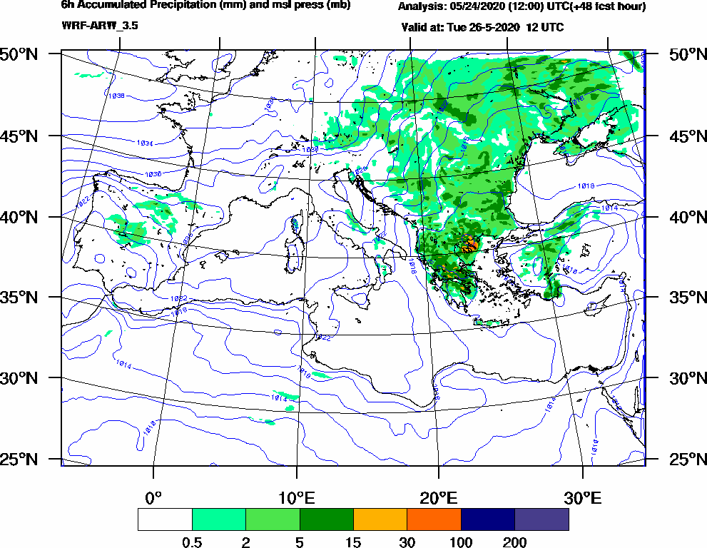 6h Accumulated Precipitation (mm) and msl press (mb) - 2020-05-26 06:00