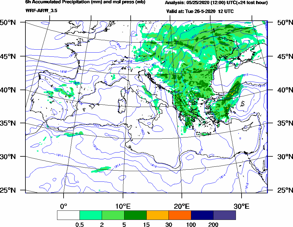 6h Accumulated Precipitation (mm) and msl press (mb) - 2020-05-26 06:00