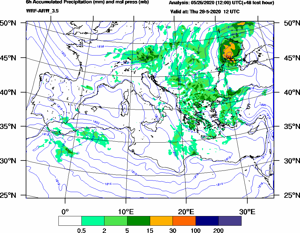 6h Accumulated Precipitation (mm) and msl press (mb) - 2020-05-28 06:00