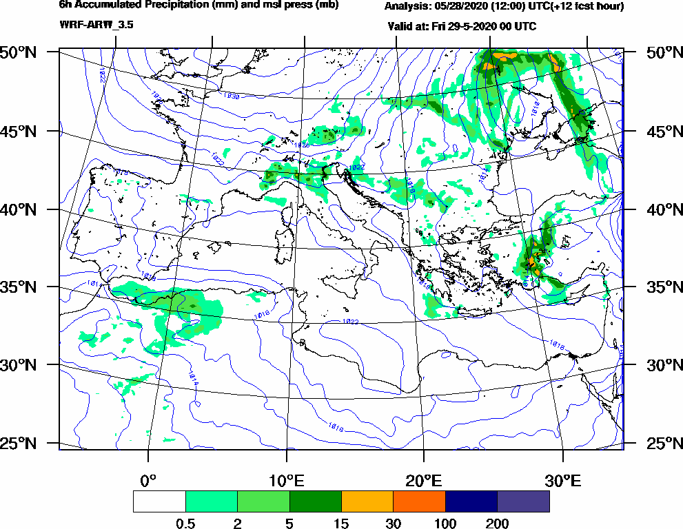 6h Accumulated Precipitation (mm) and msl press (mb) - 2020-05-28 18:00