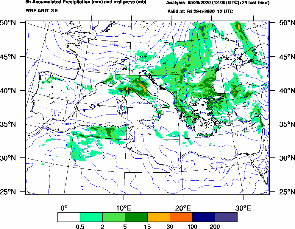 6h Accumulated Precipitation (mm) and msl press (mb) - 2020-05-29 06:00