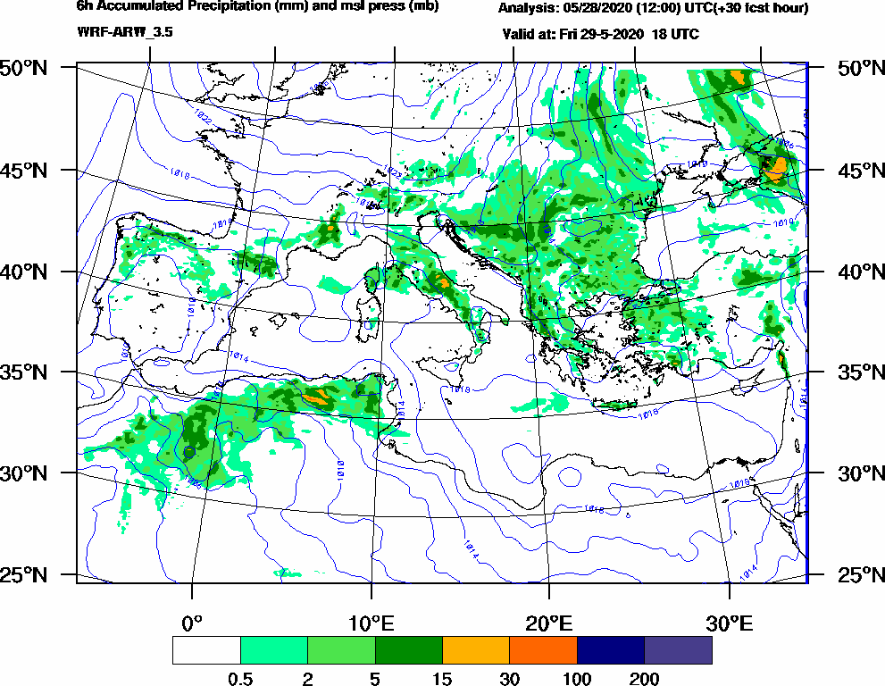 6h Accumulated Precipitation (mm) and msl press (mb) - 2020-05-29 12:00