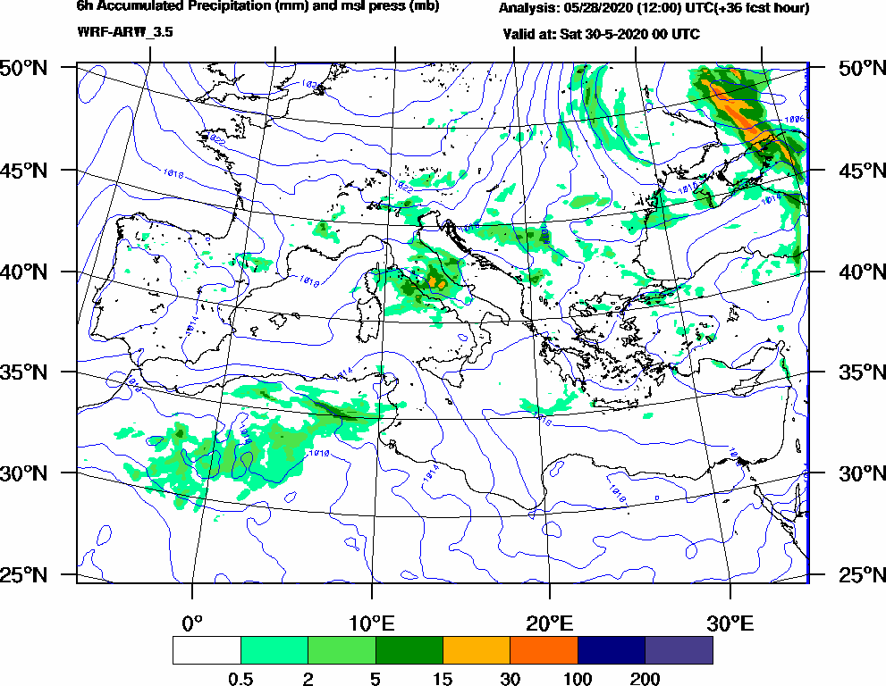 6h Accumulated Precipitation (mm) and msl press (mb) - 2020-05-29 18:00