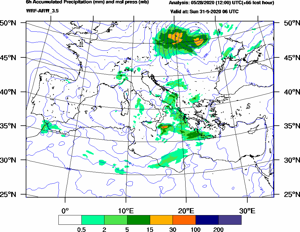 6h Accumulated Precipitation (mm) and msl press (mb) - 2020-05-31 00:00