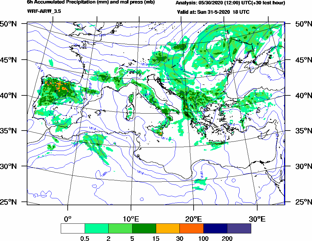 6h Accumulated Precipitation (mm) and msl press (mb) - 2020-05-31 12:00