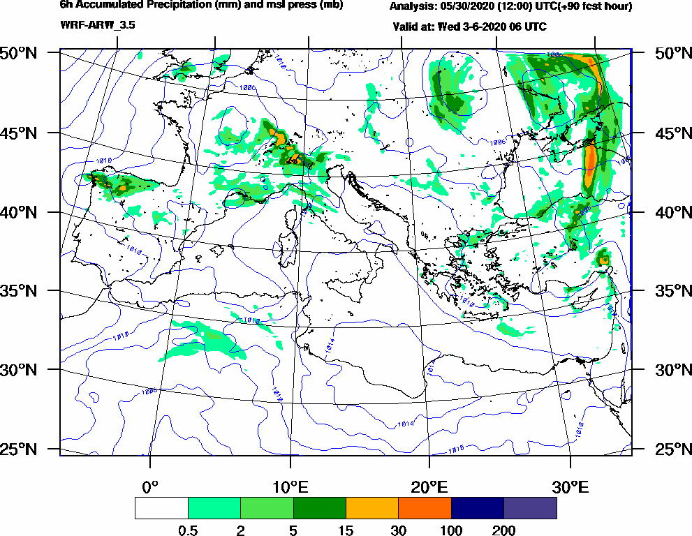 6h Accumulated Precipitation (mm) and msl press (mb) - 2020-06-03 00:00